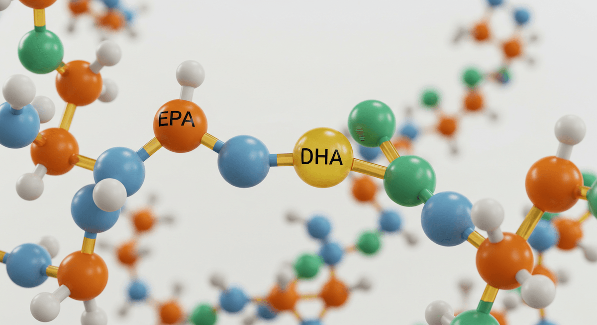 3D molecular model illustrating the structure of EPA and DHA omega-3 fatty acids, with labeled atoms and bonds.
