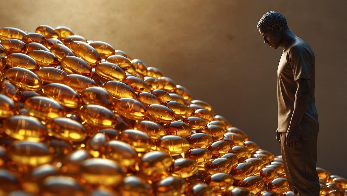 A man standing thoughtfully next to a large pile of golden fish oil capsules, illuminated by warm light.