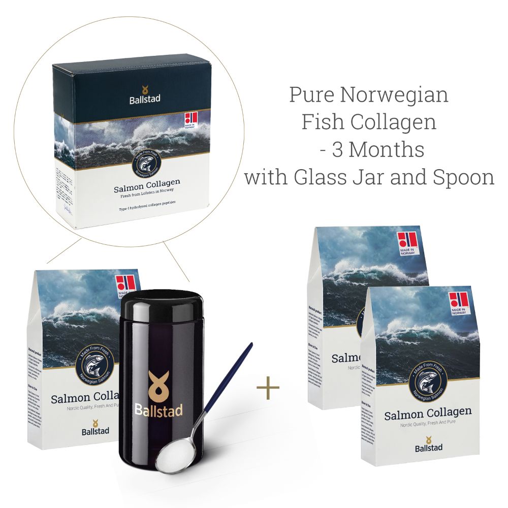 Ballstad Pure Norwegian Fish Collagen 3-Month Supply set, including three packs of salmon collagen, a black glass jar with gold branding, and a spoon, labeled &