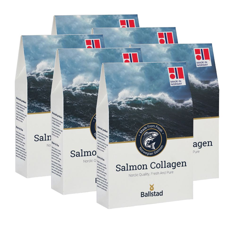 Six packs of Ballstad Salmon Collagen made from fresh Norwegian salmon, labeled with &