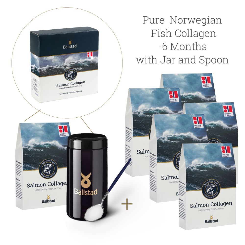 Ballstad Pure Norwegian Fish Collagen 6-Month Pack, includes six collagen pouches, a black Ballstad-branded glass jar, and a spoon. Labeled &