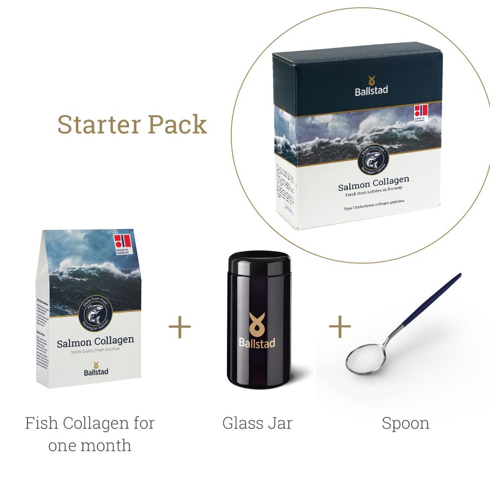 Ballstad Salmon Collagen Starter Pack featuring one-month supply of fish collagen, a black glass jar with the Ballstad logo, and a spoon filled with white collagen powder.