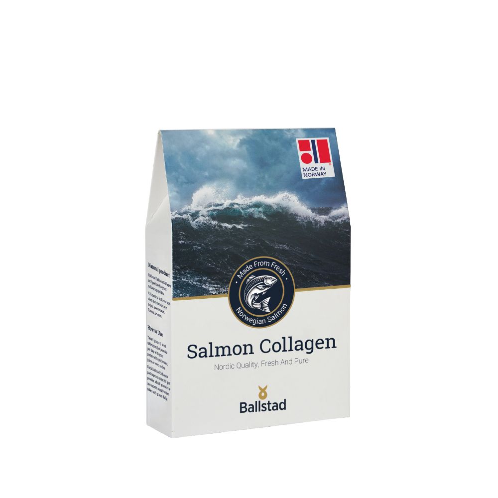 Ballstad Salmon Collagen pouch made from fresh Norwegian salmon, featuring ocean wave imagery and "Made in Norway" label on the front.