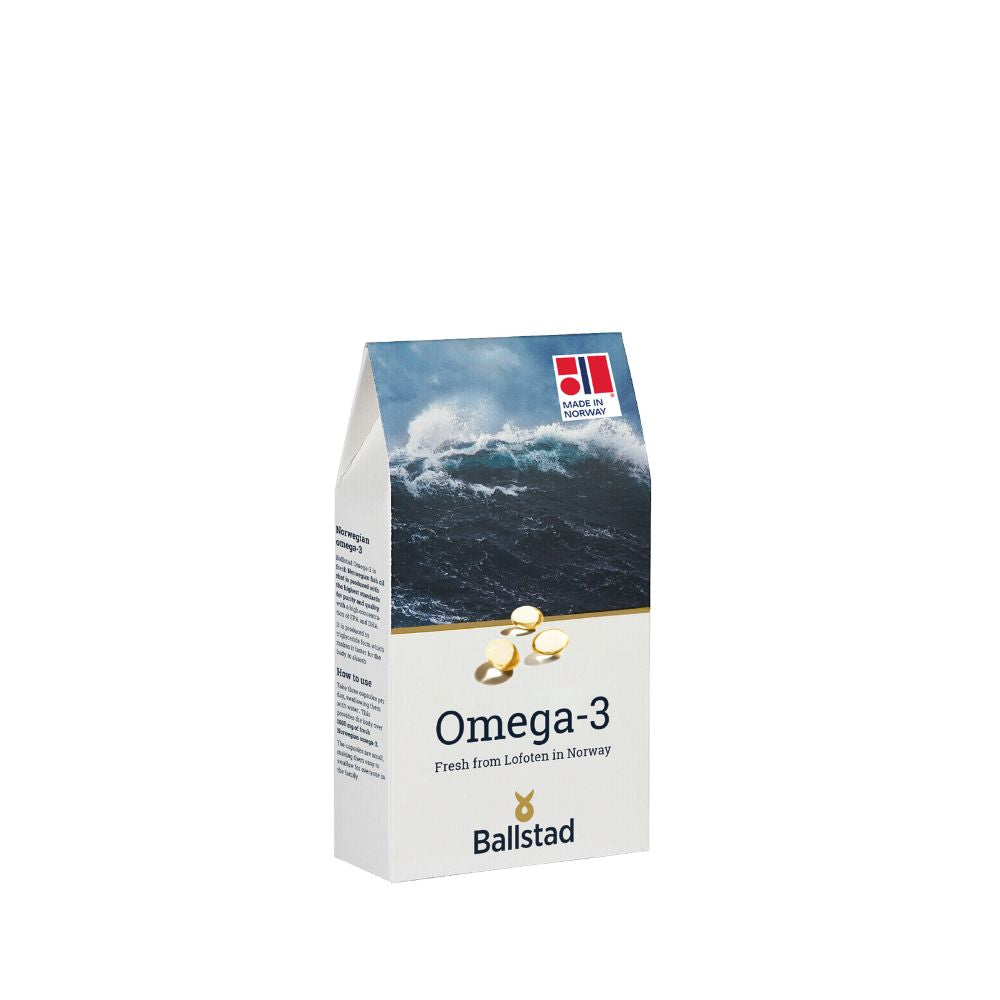 Ballstad Omega-3 supplement pouch labeled “Fresh from Lofoten in Norway,” featuring ocean wave imagery and a “Made in Norway” badge.