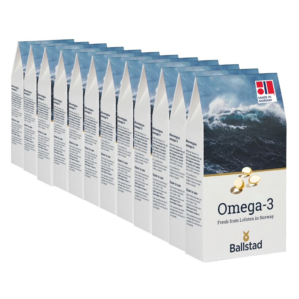 Twelve boxes of Ballstad Omega-3 supplements, sourced from Lofoten in Norway, featuring ocean imagery and “Made in Norway” label on the packaging.