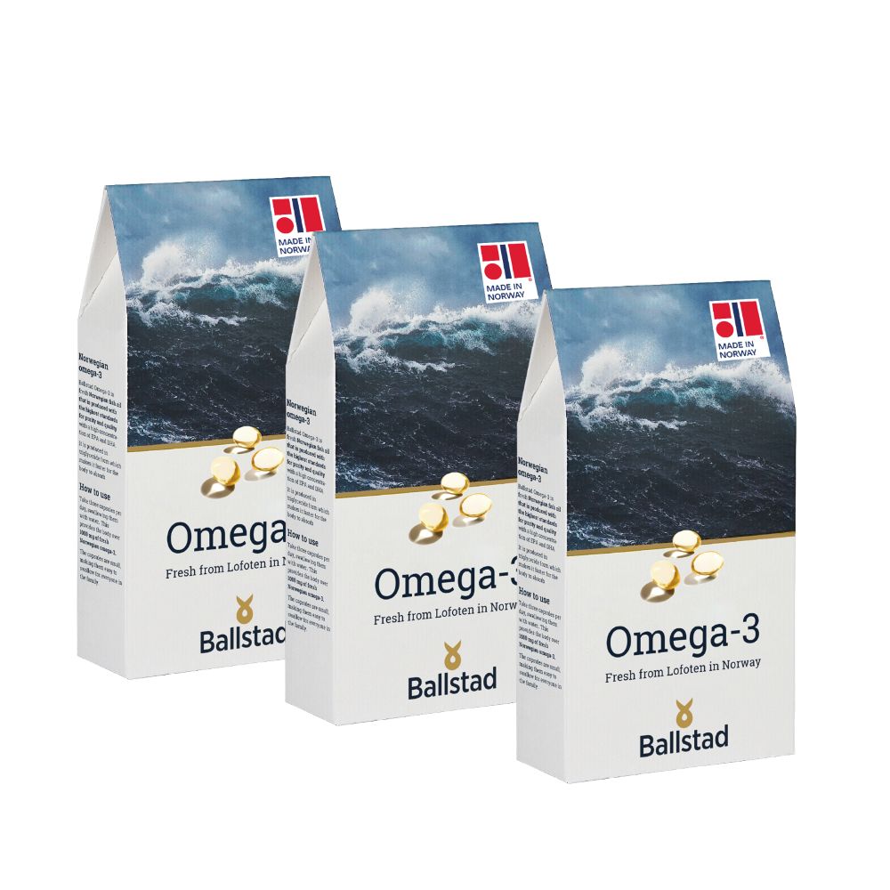 Three Ballstad Omega-3 supplement pouches labeled &