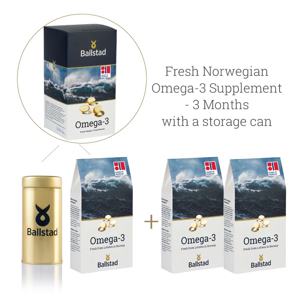 Ballstad Omega-3 3-month supply pack including three pouches of omega-3 supplements from Lofoten, Norway, and a gold Ballstad-branded storage can.
