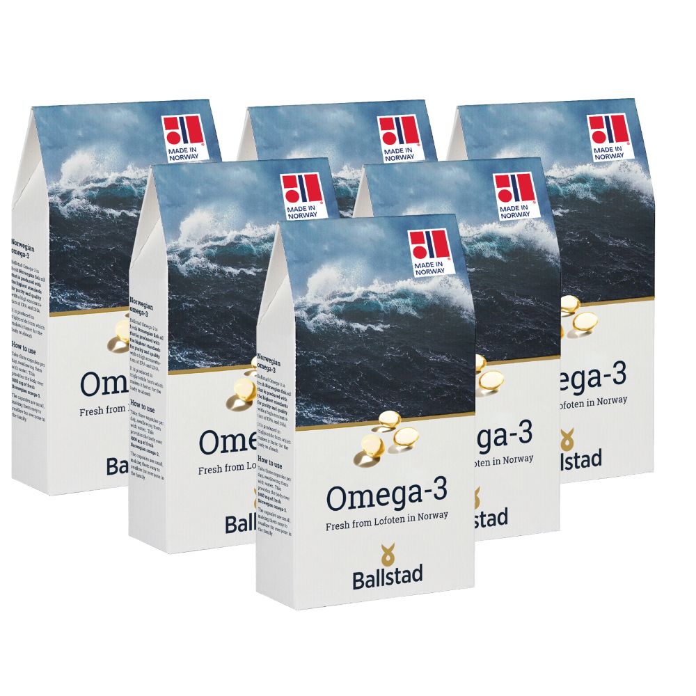 A group of Ballstad Omega-3 supplement boxes with “Fresh from Lofoten in Norway” and “Made in Norway” labels, showcasing a premium fish oil product pack.