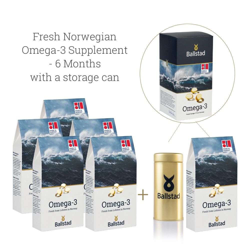 Ballstad Fresh Norwegian Omega-3 6-month supplement pack featuring five boxes of Omega-3 softgels and a premium gold storage can.