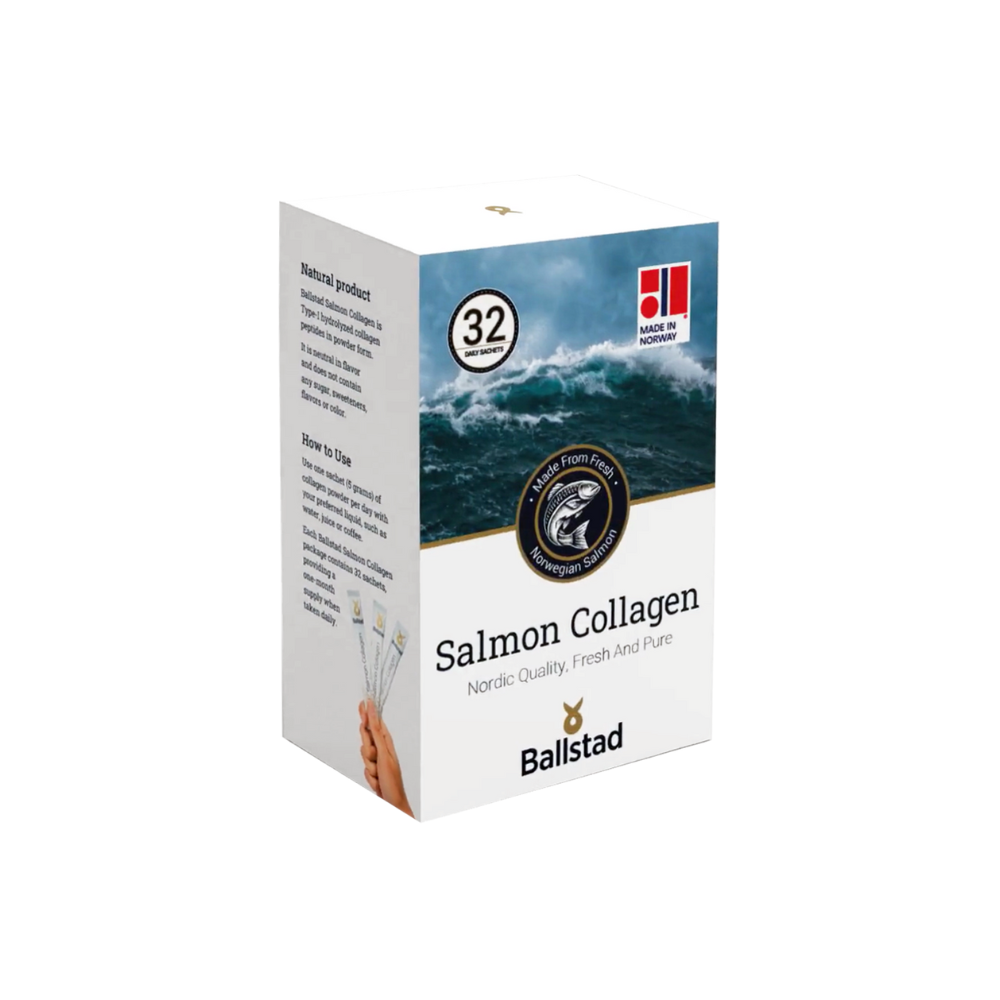 Box of Ballstad Salmon Collagen with ocean wave design on a white background