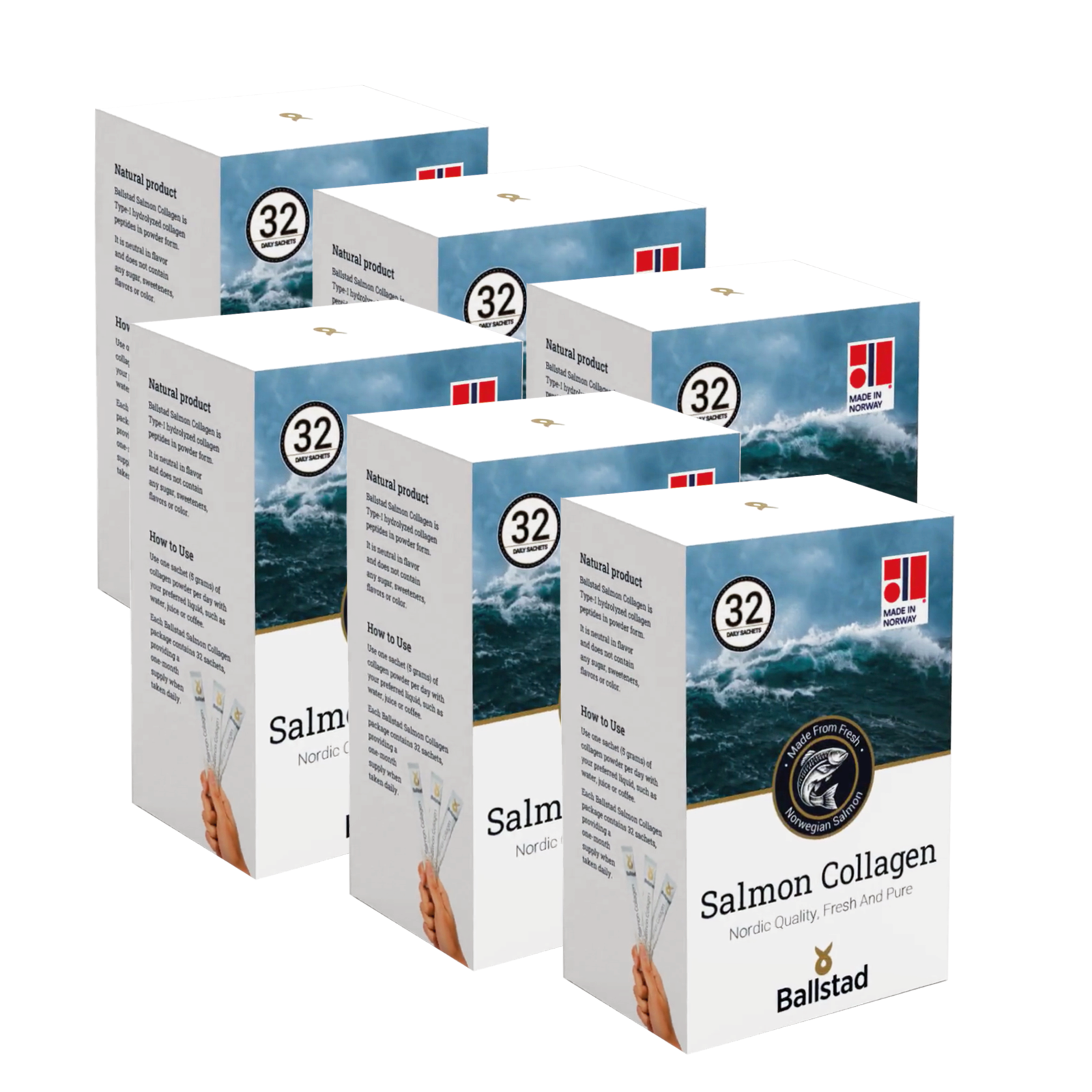 Multiple boxes of Salmon Collagen by Ballstad on a white background