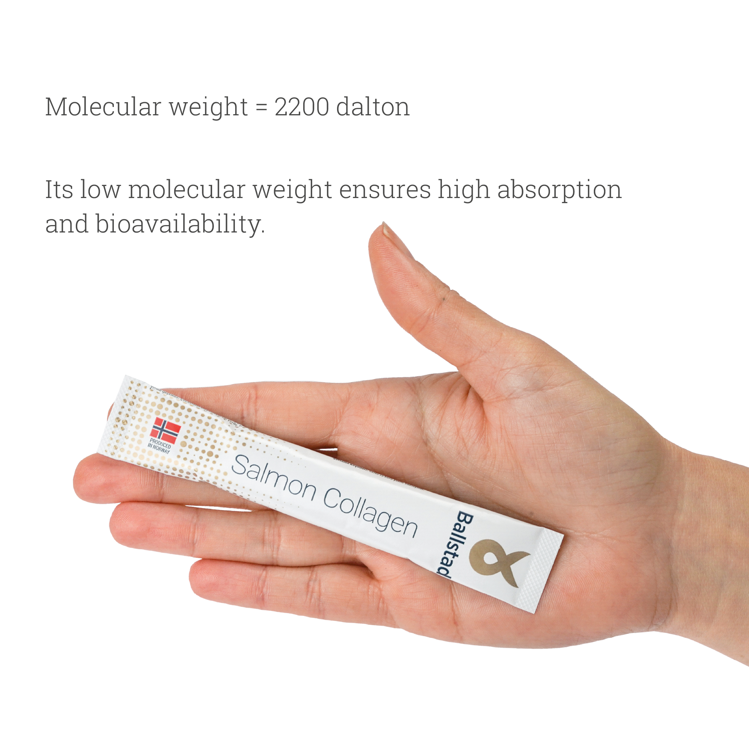 Hand holding a Salmon Collagen package with text about molecular weight on a white background