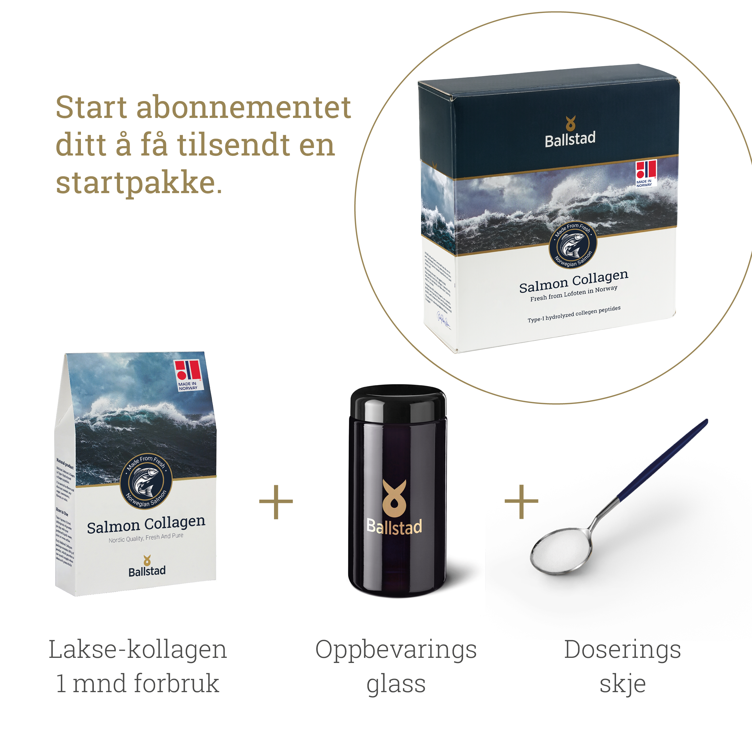 Ballstad Salmon Collagen product set with packaging, storage glass, and dosing spoon on a white background.