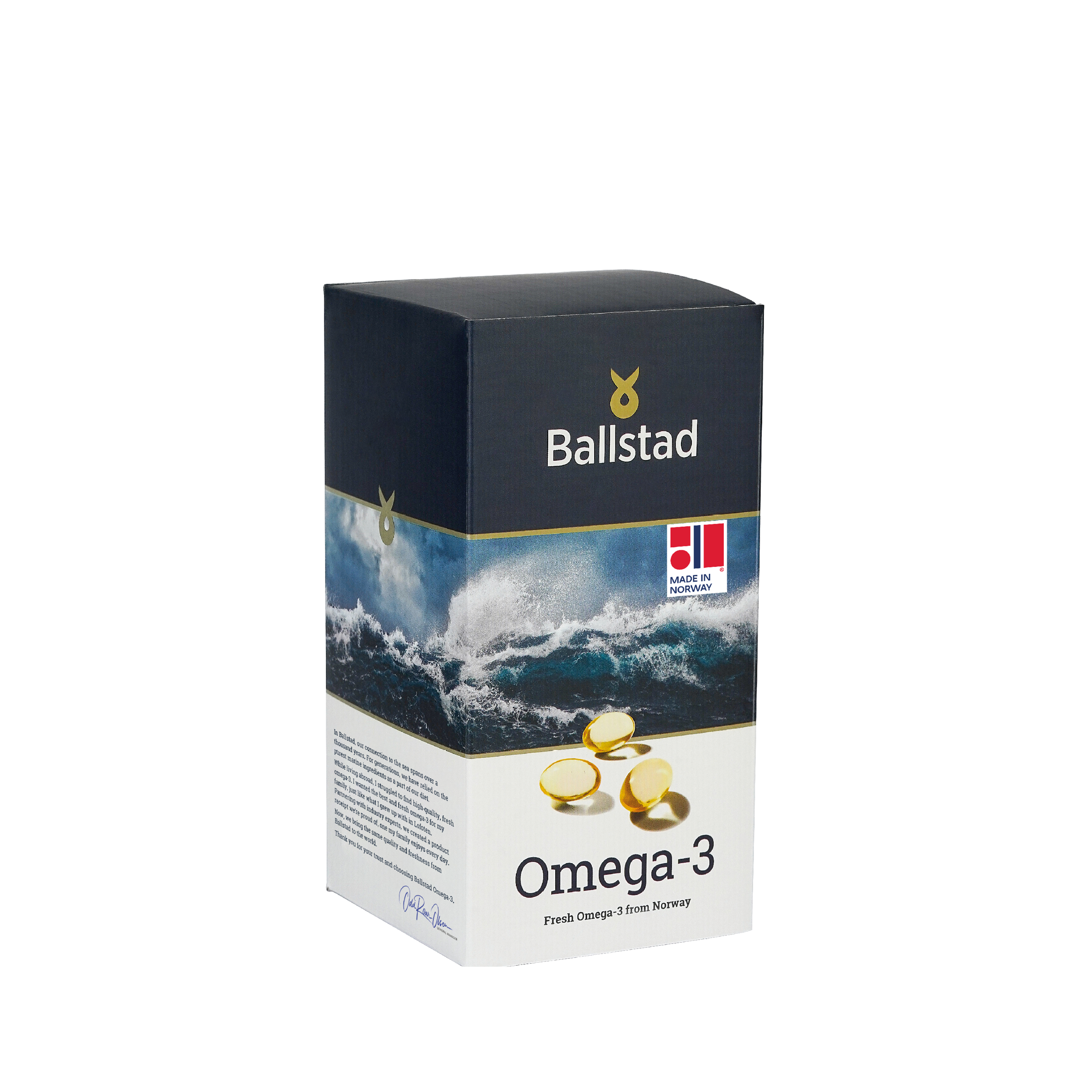 Box of Ballstad Omega-3 supplements with ocean wave design on a white background