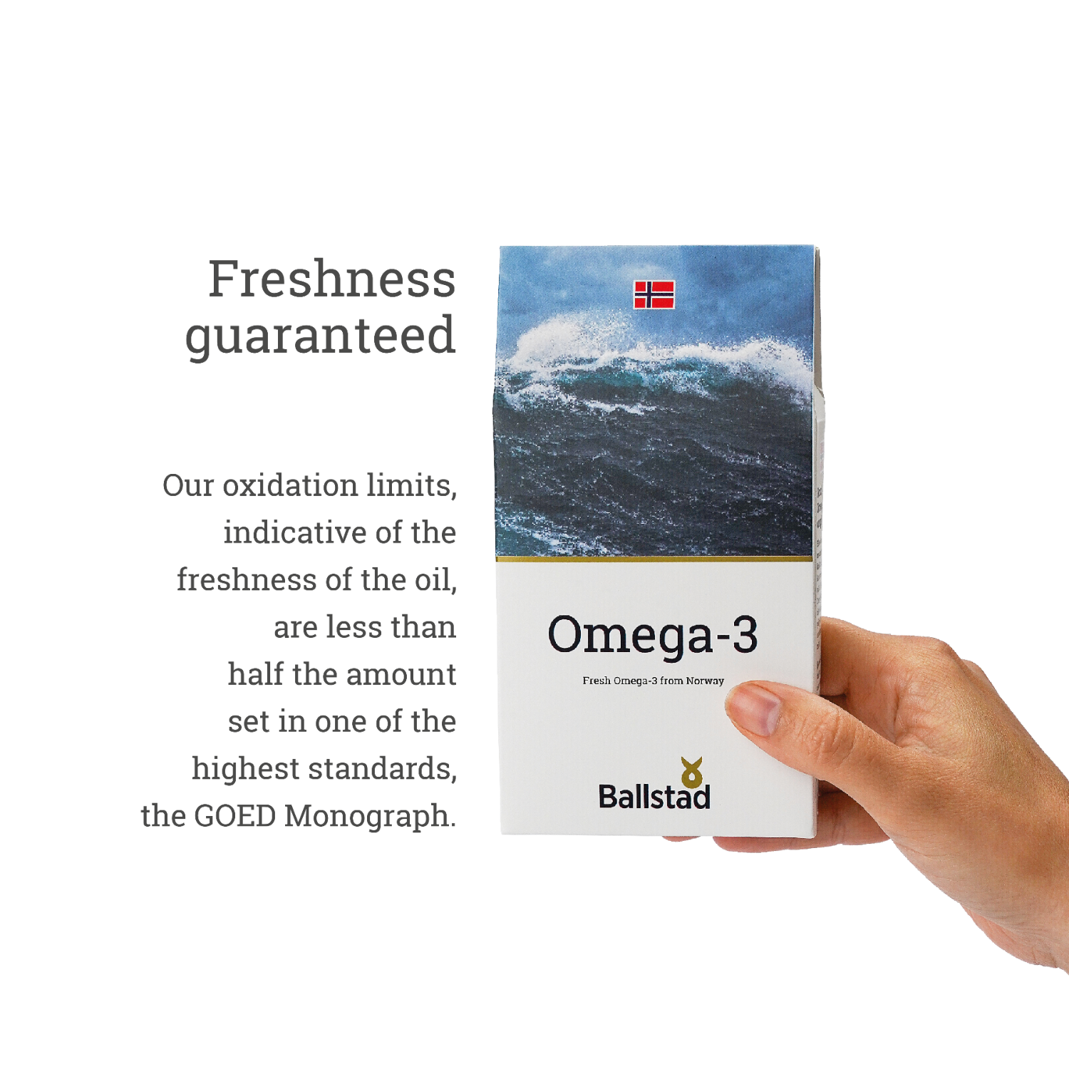 A hand holding a box of Ballstad Omega-3 supplements with Norwegian branding and a wave design, next to text stating "Freshness guaranteed" and highlighting that the product&