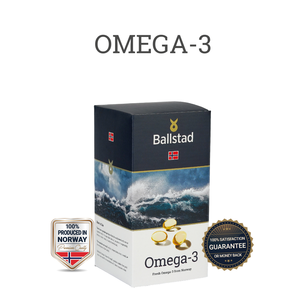 Front-facing image of a Ballstad Omega-3 box featuring a stormy sea graphic, Norwegian flag, and gold capsules. The box is flanked by a "100% Produced in Norway" badge on the left and a "100% Satisfaction Guarantee or Money Back" badge on the right. The word “OMEGA-3” appears prominently at the top.