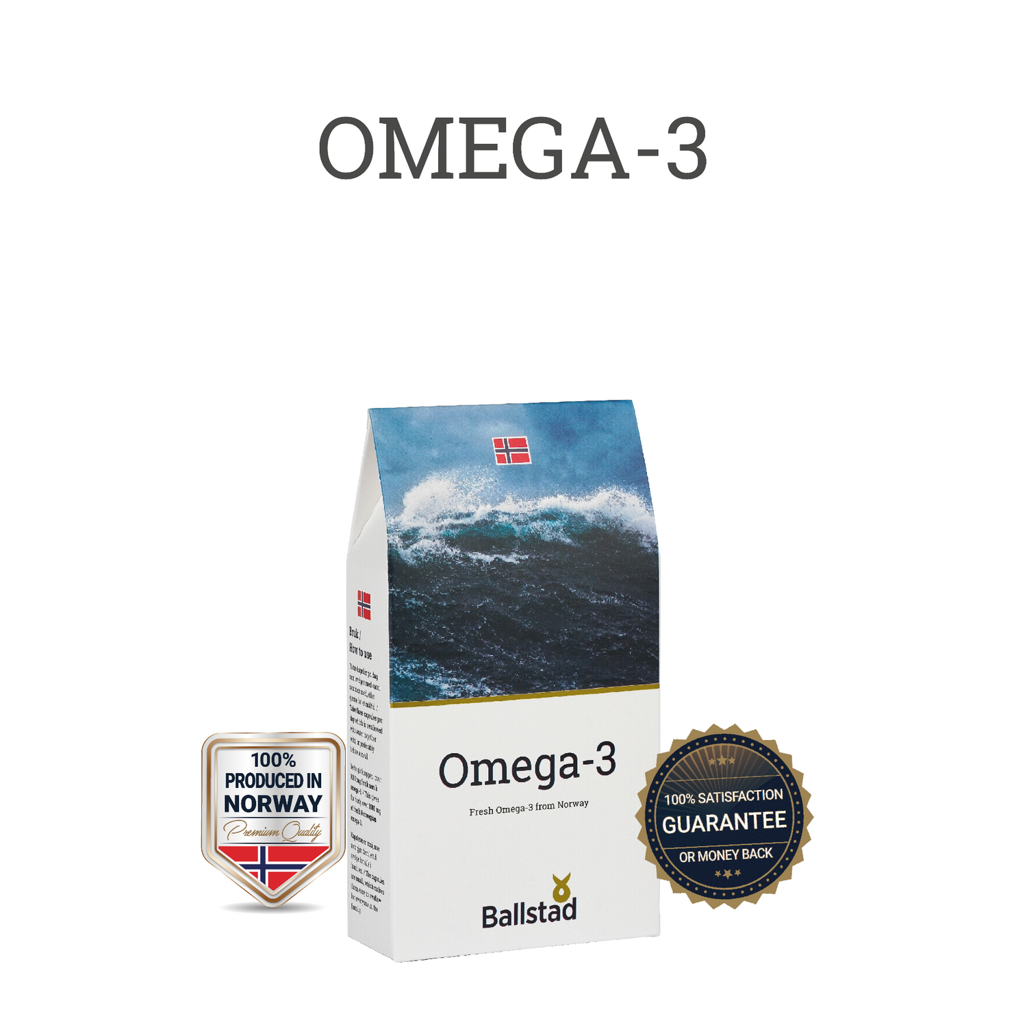 Ballstad Omega-3 product packaging featuring a stormy ocean design and Norwegian flag, accompanied by a “100% Produced in Norway” badge and a “100% Satisfaction Guarantee or Money Back” seal.