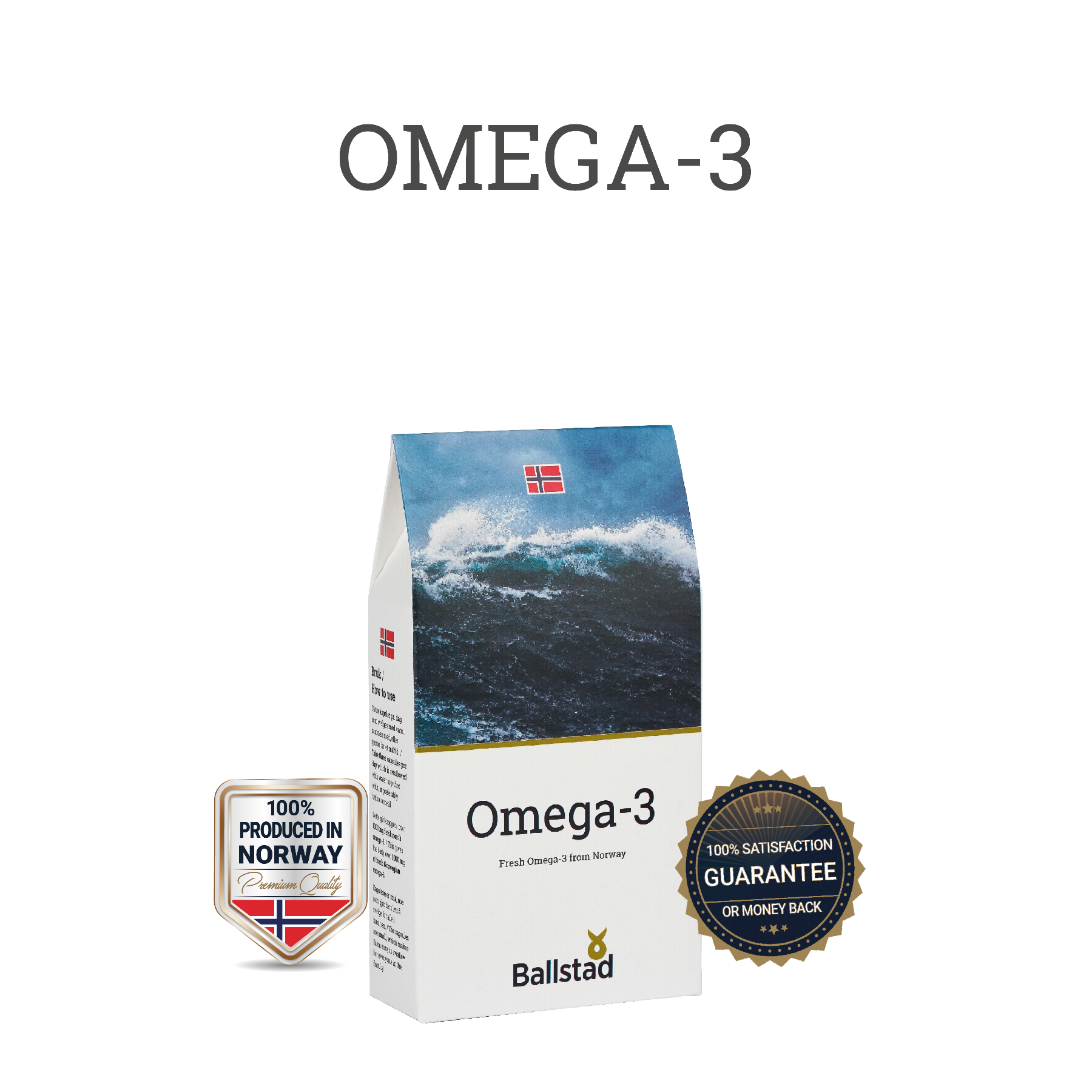 Ballstad Omega-3 product packaging featuring a stormy ocean design and Norwegian flag, accompanied by a “100% Produced in Norway” badge and a “100% Satisfaction Guarantee or Money Back” seal.
