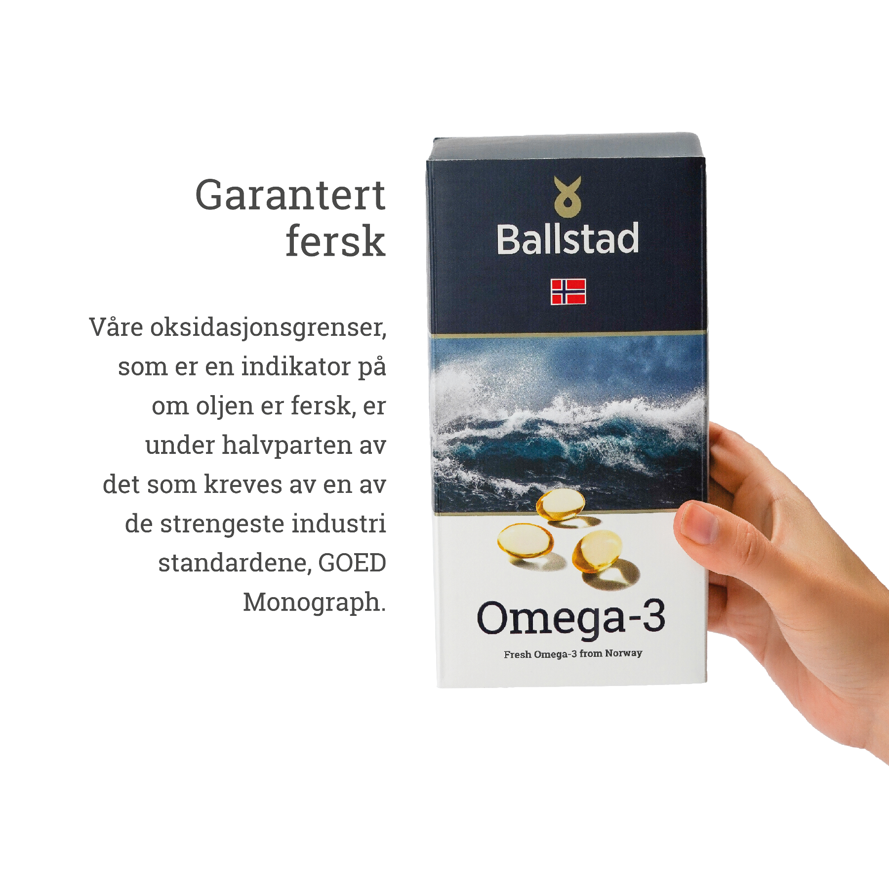En hånd som holder en eske Ballstad Omega-3 med teksten “Garantert fersk” og en forklaring på at oksidasjonsgrensene er under halvparten av det som kreves av GOED Monograph-standarden.