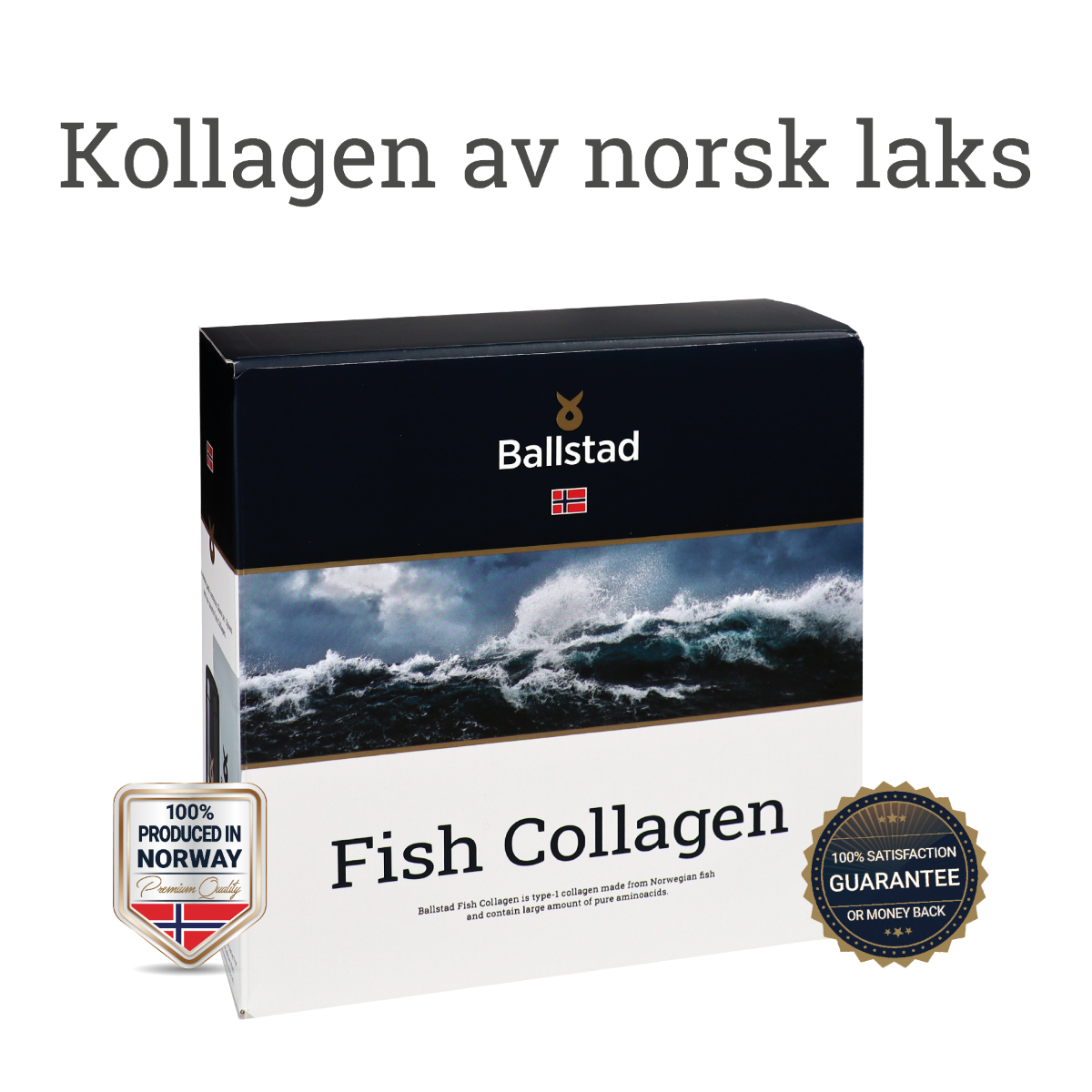 Front-facing image of a Ballstad Fish Collagen box with the Norwegian flag, promoting that the collagen is made from Norwegian salmon. The packaging includes seals stating "100% Produced in Norway" and "100% Satisfaction Guarantee or Money Back." Norwegian text above the box reads “Kollagen av norsk laks,” meaning “Collagen from Norwegian salmon.”