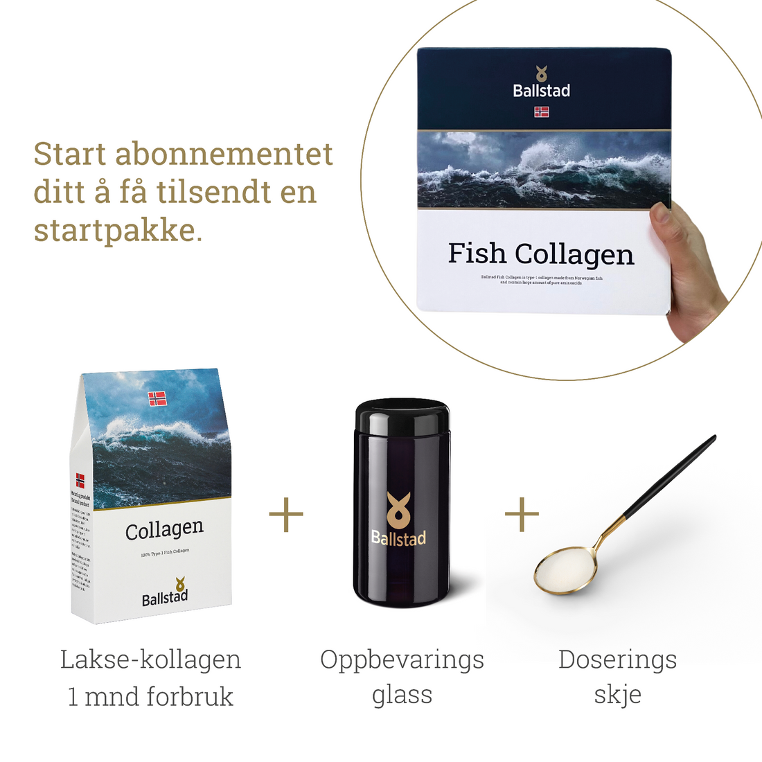 Ballstad Fish Collagen subscription starter pack advertisement showing a hand holding the main product box, with included items below: a one-month supply of salmon collagen, a black storage jar with the Ballstad logo, and a gold-rimmed measuring spoon. Norwegian text describes the subscription and contents.