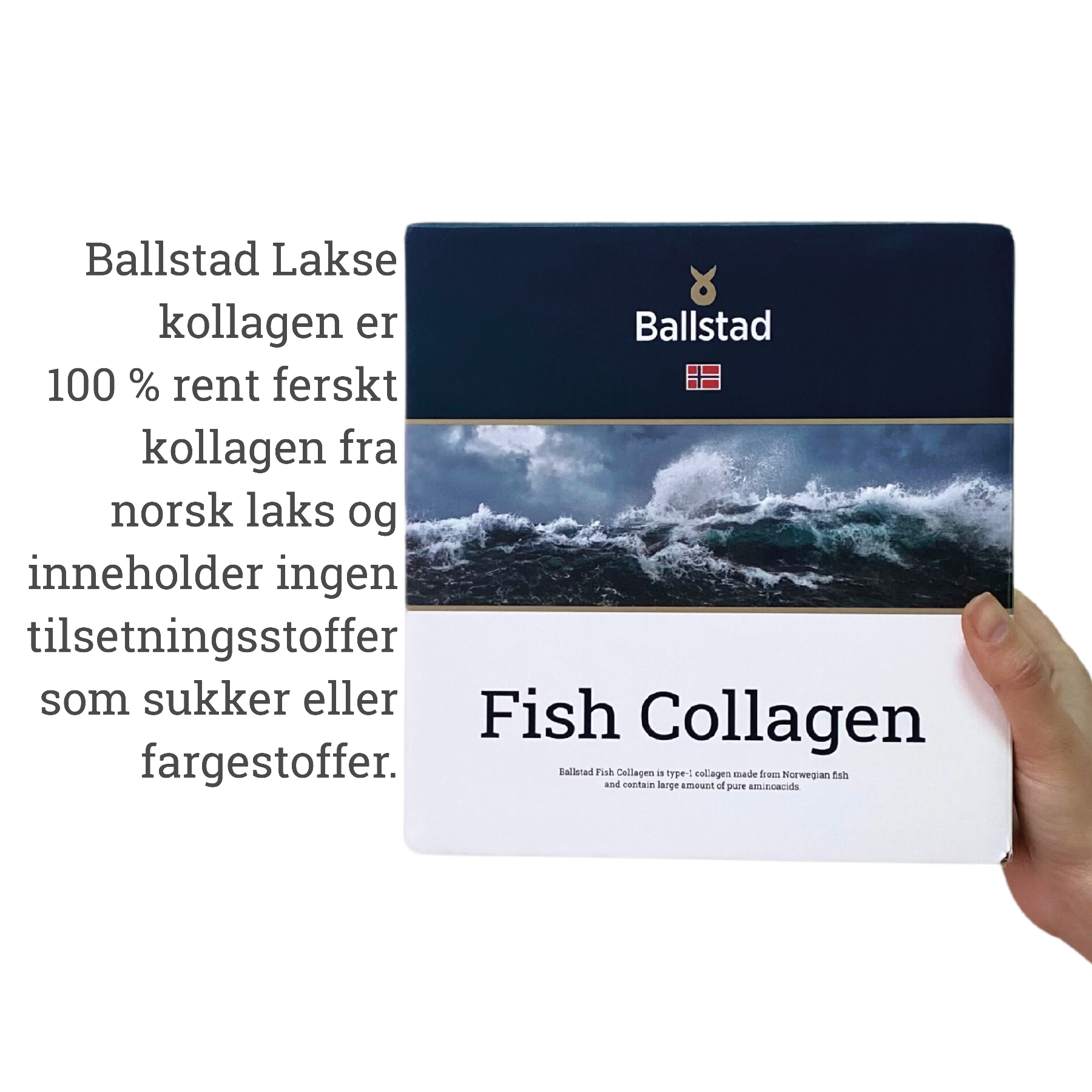 A hand holding a box of Ballstad Fish Collagen with Norwegian text beside it that describes the product as 100% pure fresh collagen from Norwegian salmon, containing no additives like sugar or coloring agents. The box features ocean waves and the Ballstad logo.