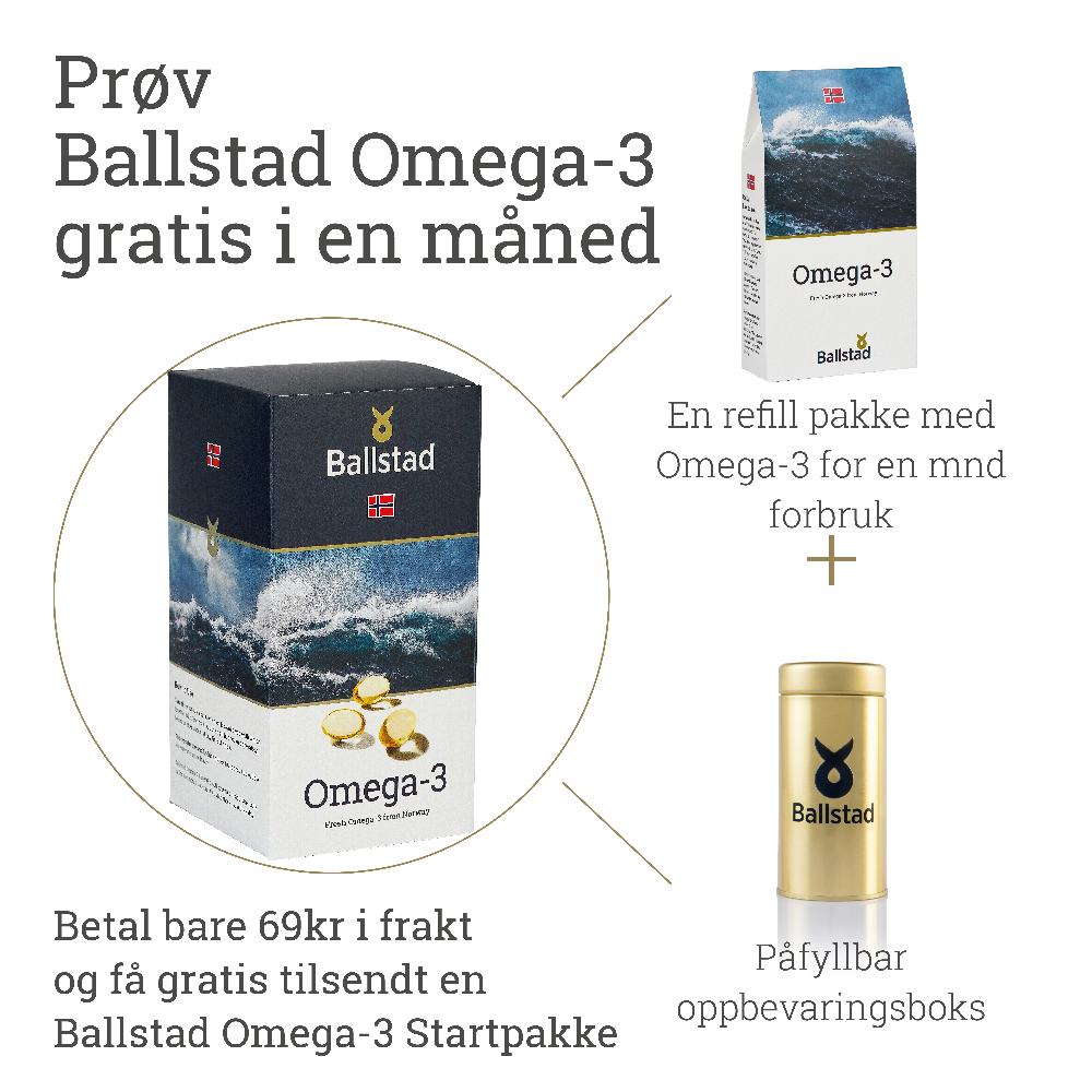 Promotional image offering a free one-month trial of Ballstad Omega-3. It shows a starter pack including a refill pack of Omega-3 capsules and a refillable gold storage can. The text in Norwegian explains that by paying only 69 NOK for shipping, customers receive the starter pack at no extra cost.
