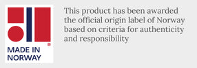 "Made in Norway" certification badge alongside text stating the product has been awarded Norway’s official origin label for meeting standards of authenticity and responsibility.