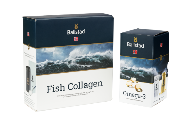 Two product packages from Ballstad, featuring a bold ocean wave design: one labeled "Fish Collagen" and the other "Omega-3," both marked with the Norwegian flag and positioned against a transparent background.