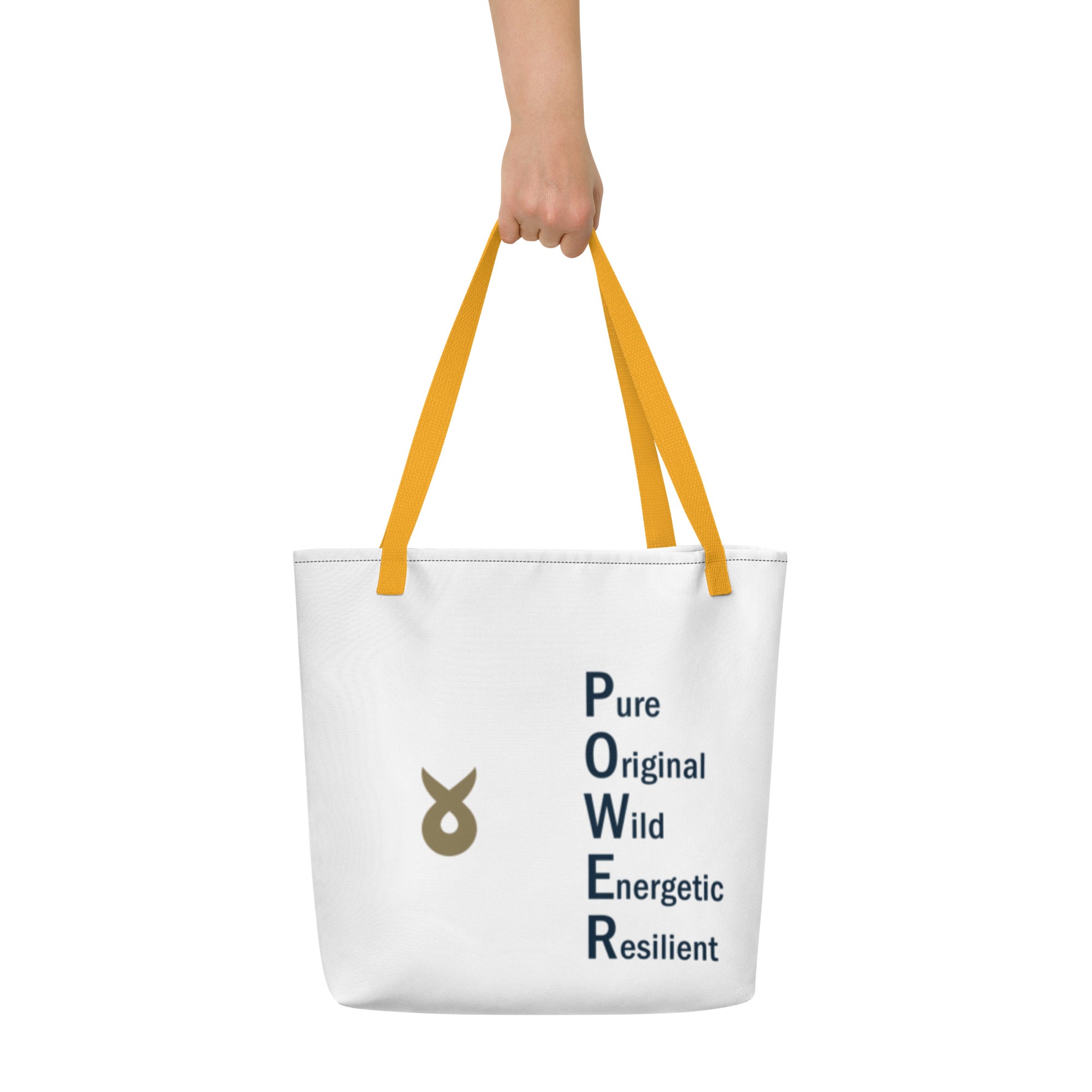 White tote bag with yellow handles, featuring the word "POWER" written vertically as an acronym (Pure, Original, Wild, Energetic, Resilient) and a gold Ballstad logo beside the text, held by a hand against a plain white background.