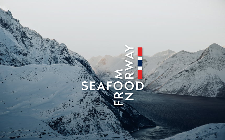 Seafood from Norway logo with snowy mountains and the ocean in the background