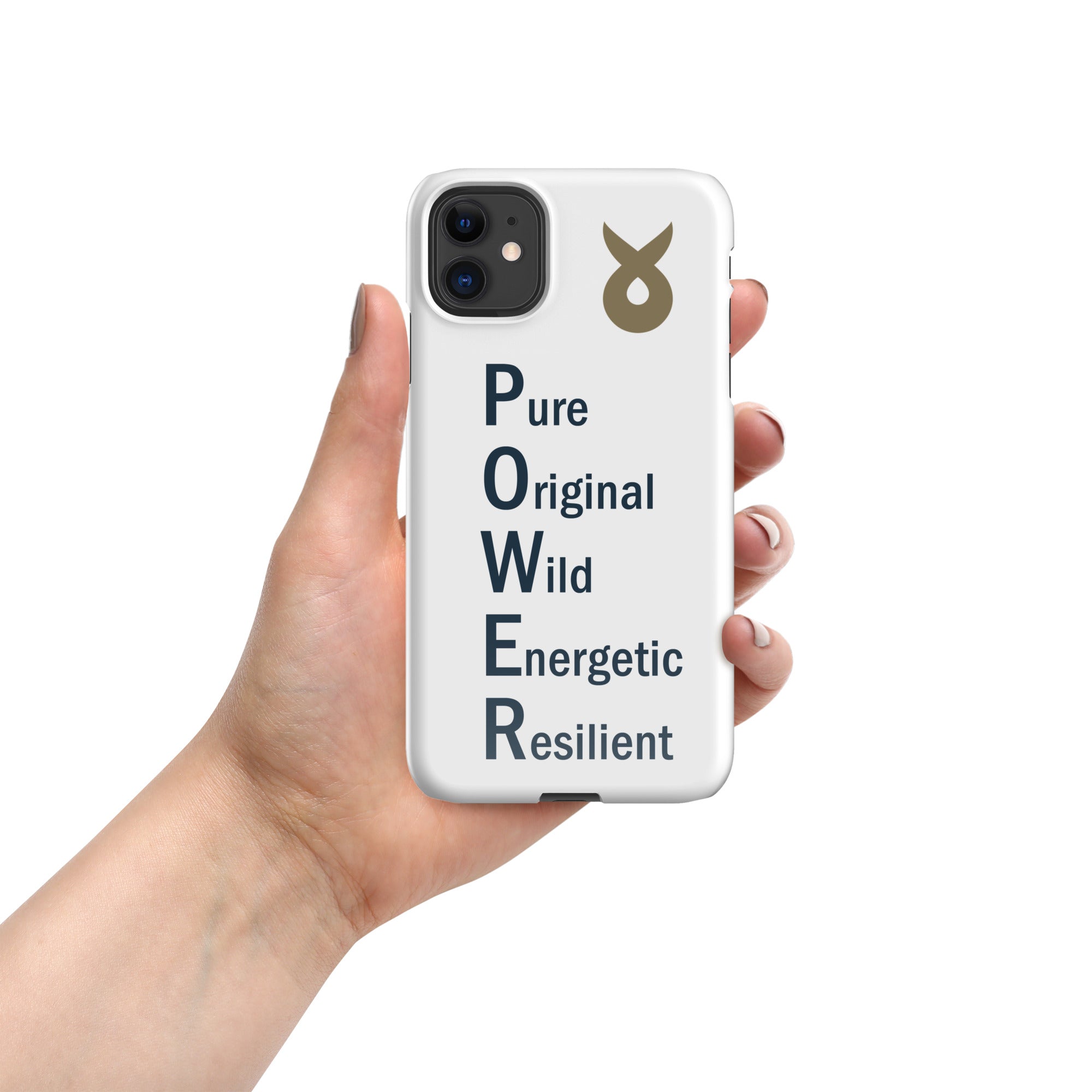 Hand holding a white phone case with the word &