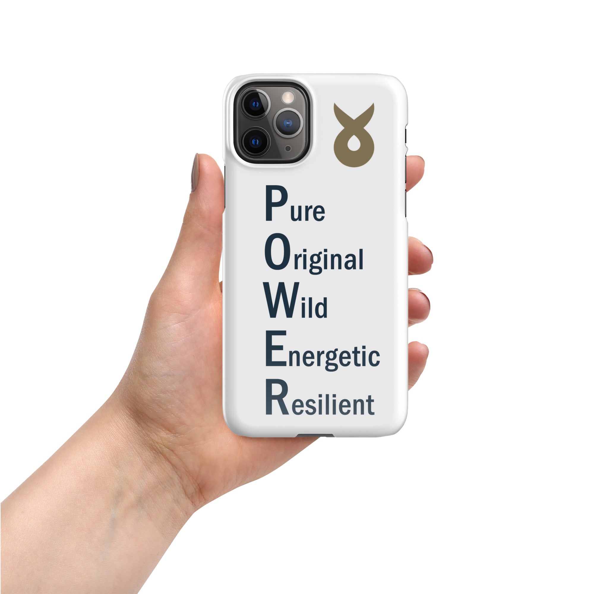 Hand holding a white phone case with the word &