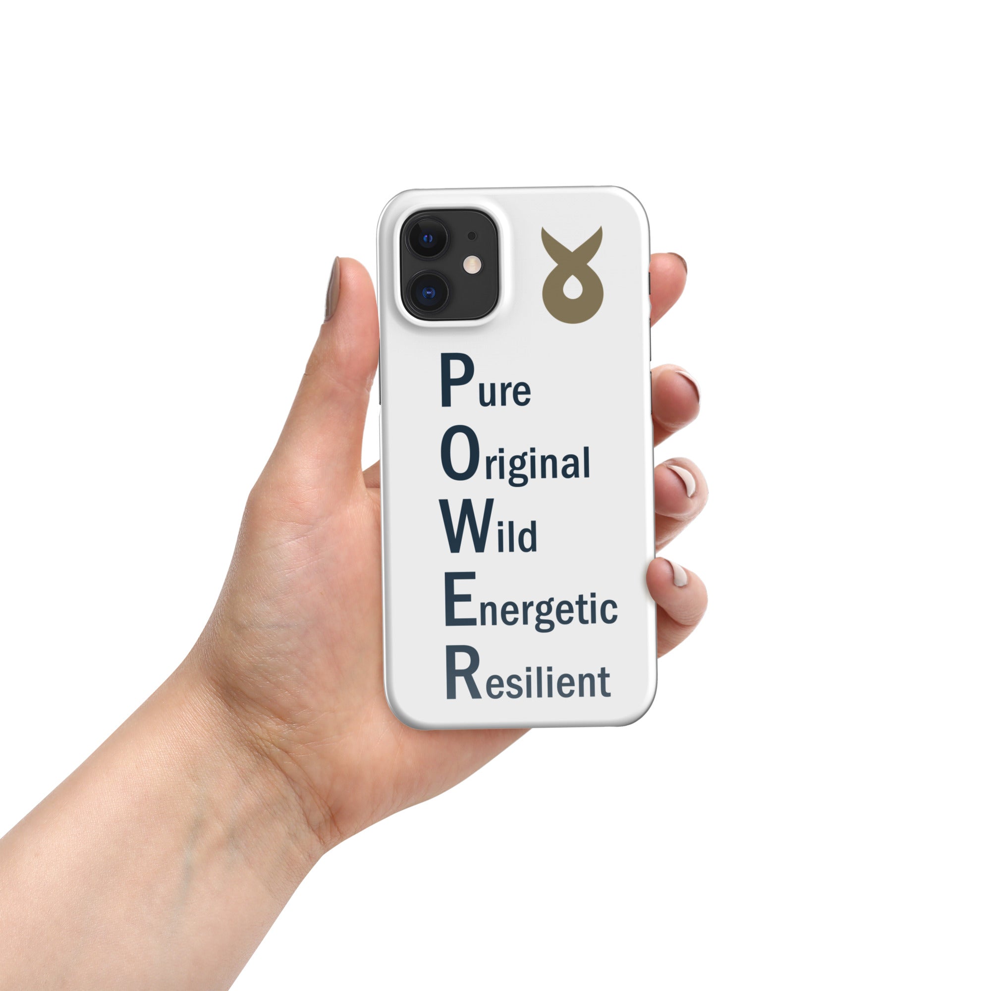 Hand holding a white phone case with the word &