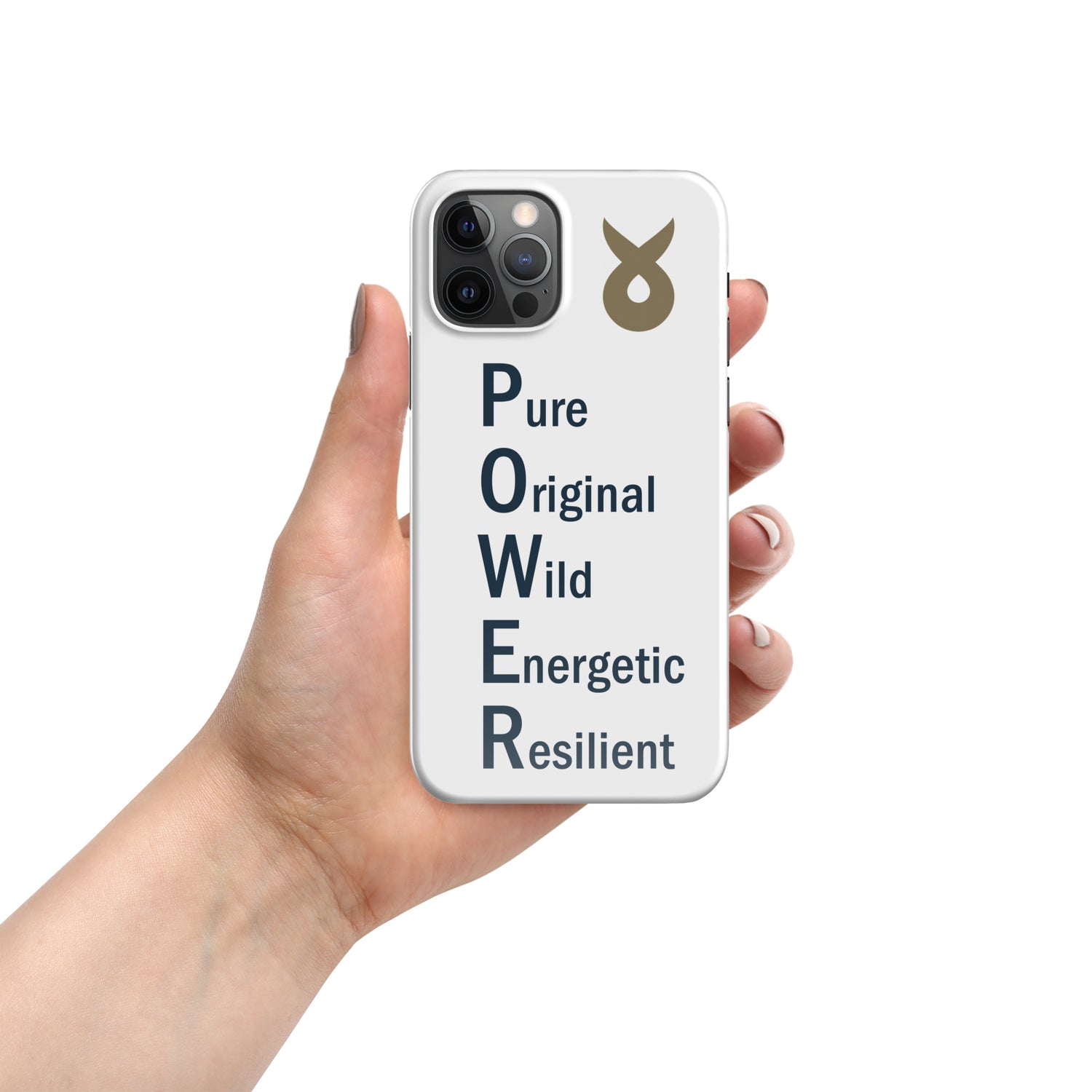 Hand holding a white phone case with the word &