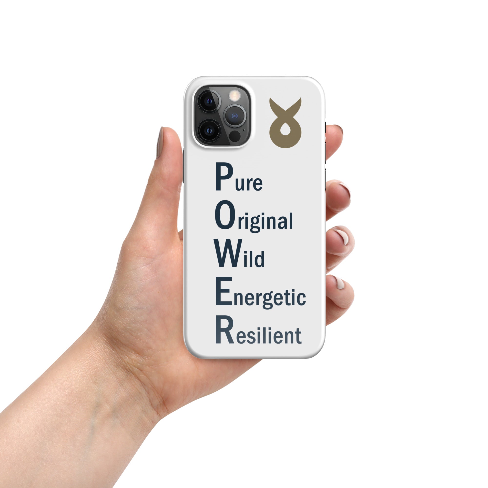 Hand holding a white phone case with the word &