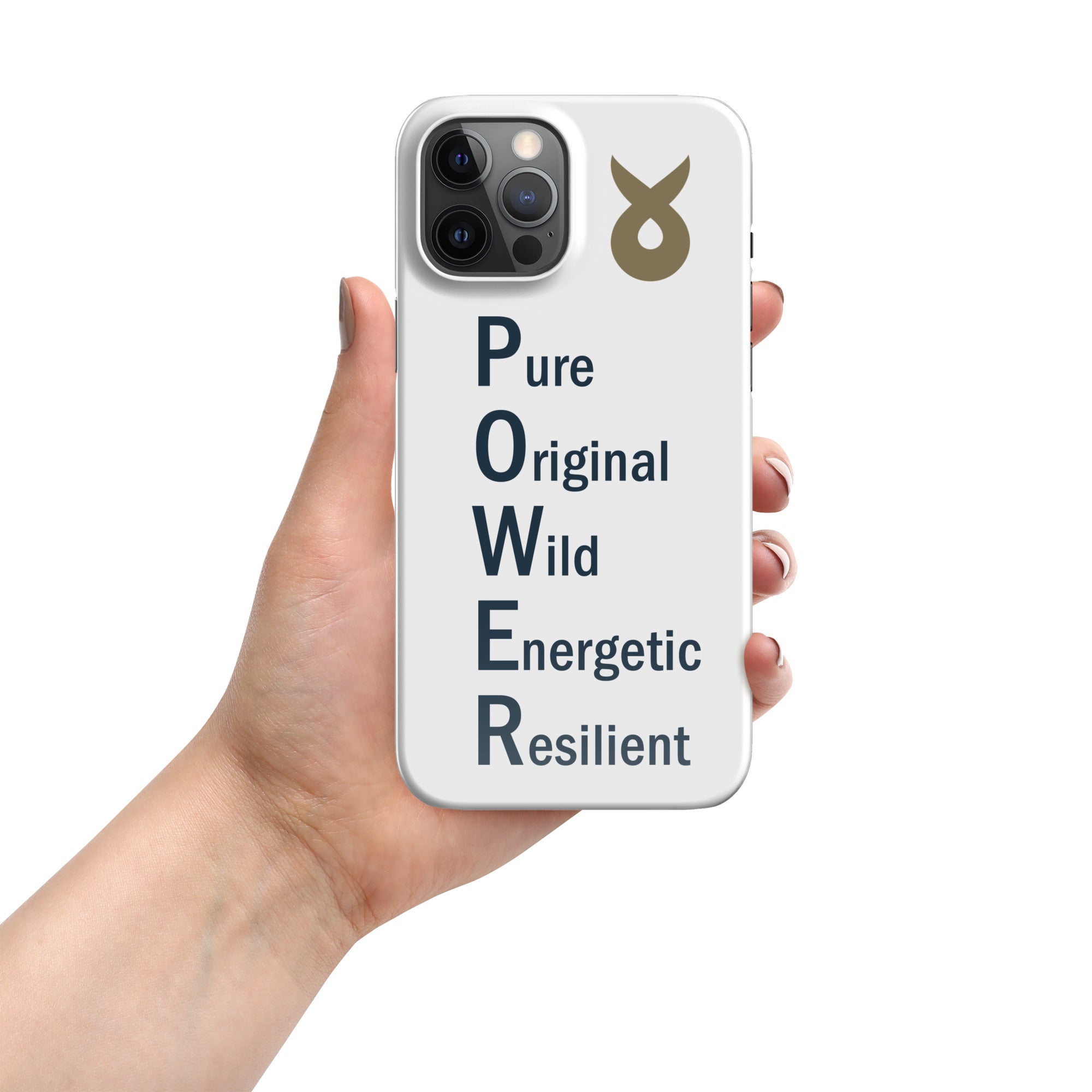 Hand holding a white phone case with the word &