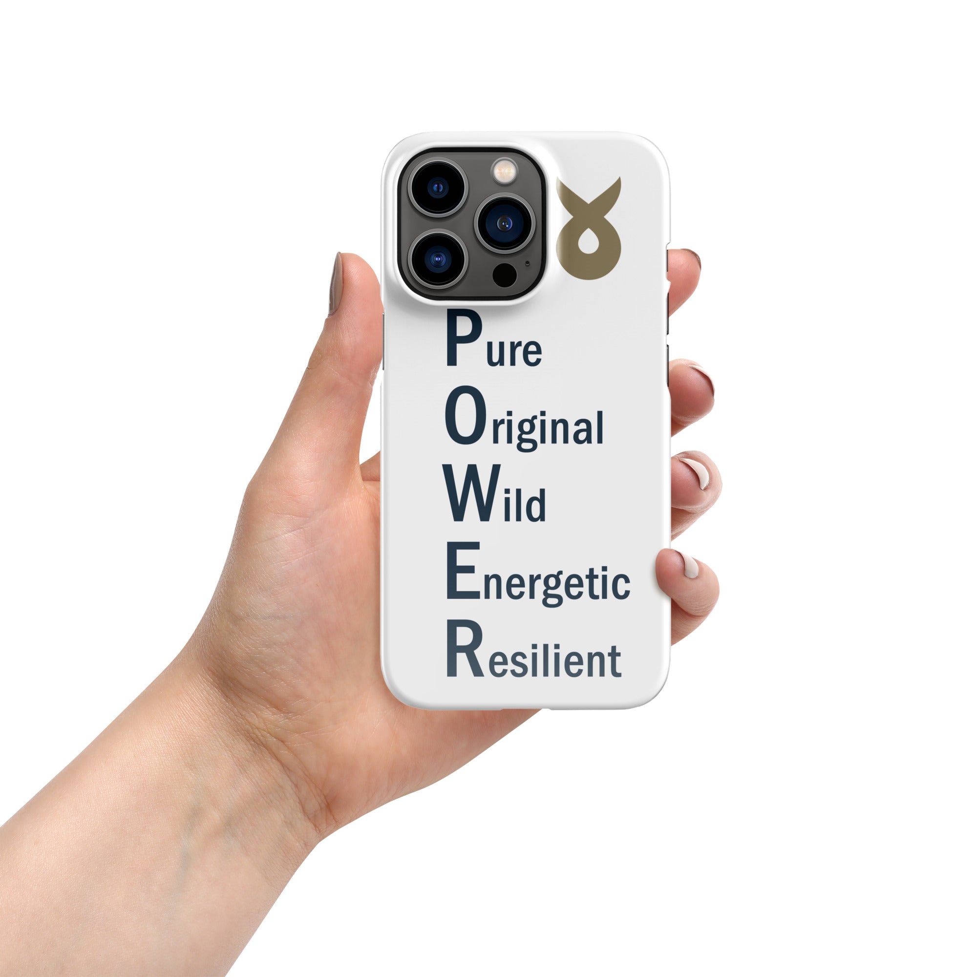 Hand holding a white phone case with the word &
