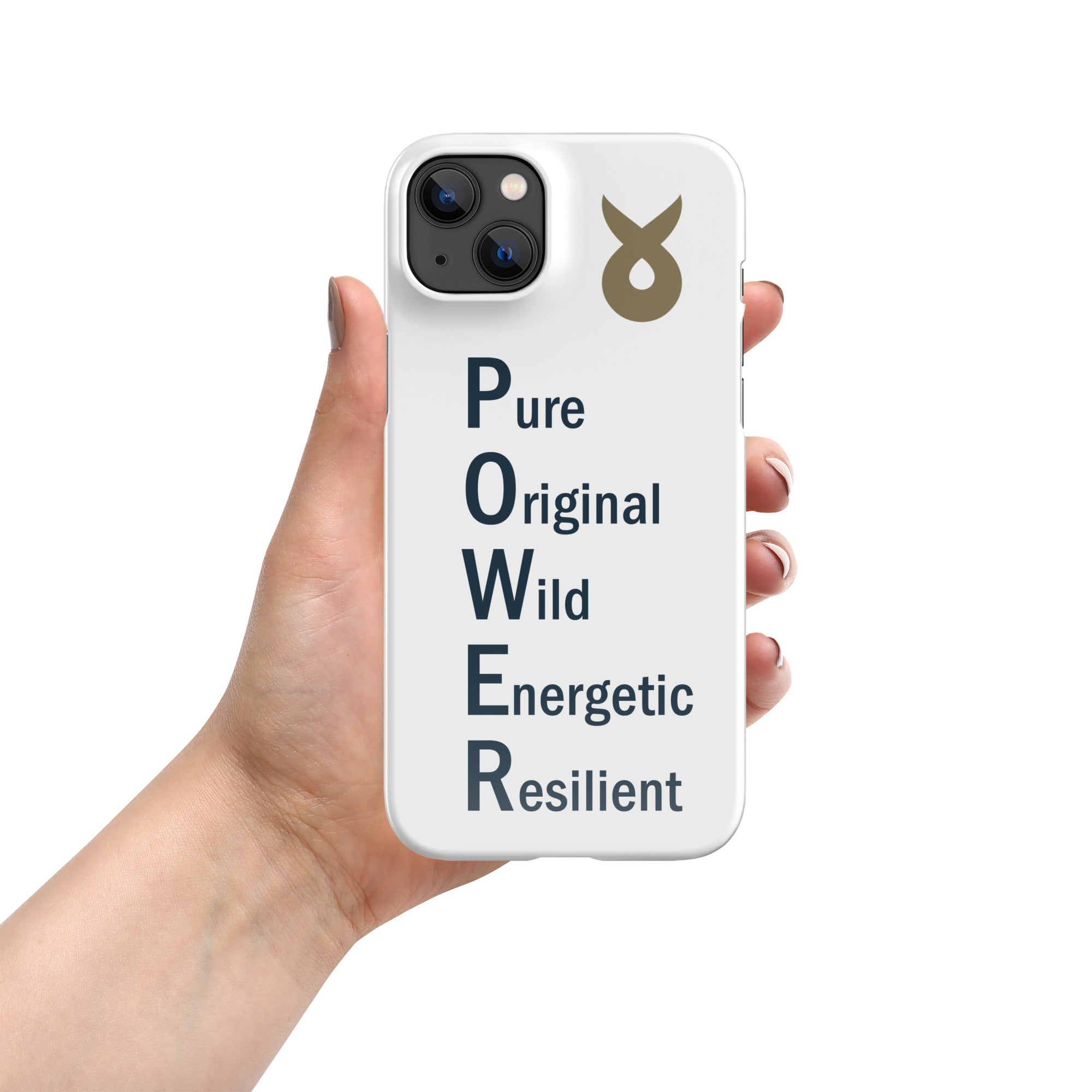 Hand holding a white phone case with the word &