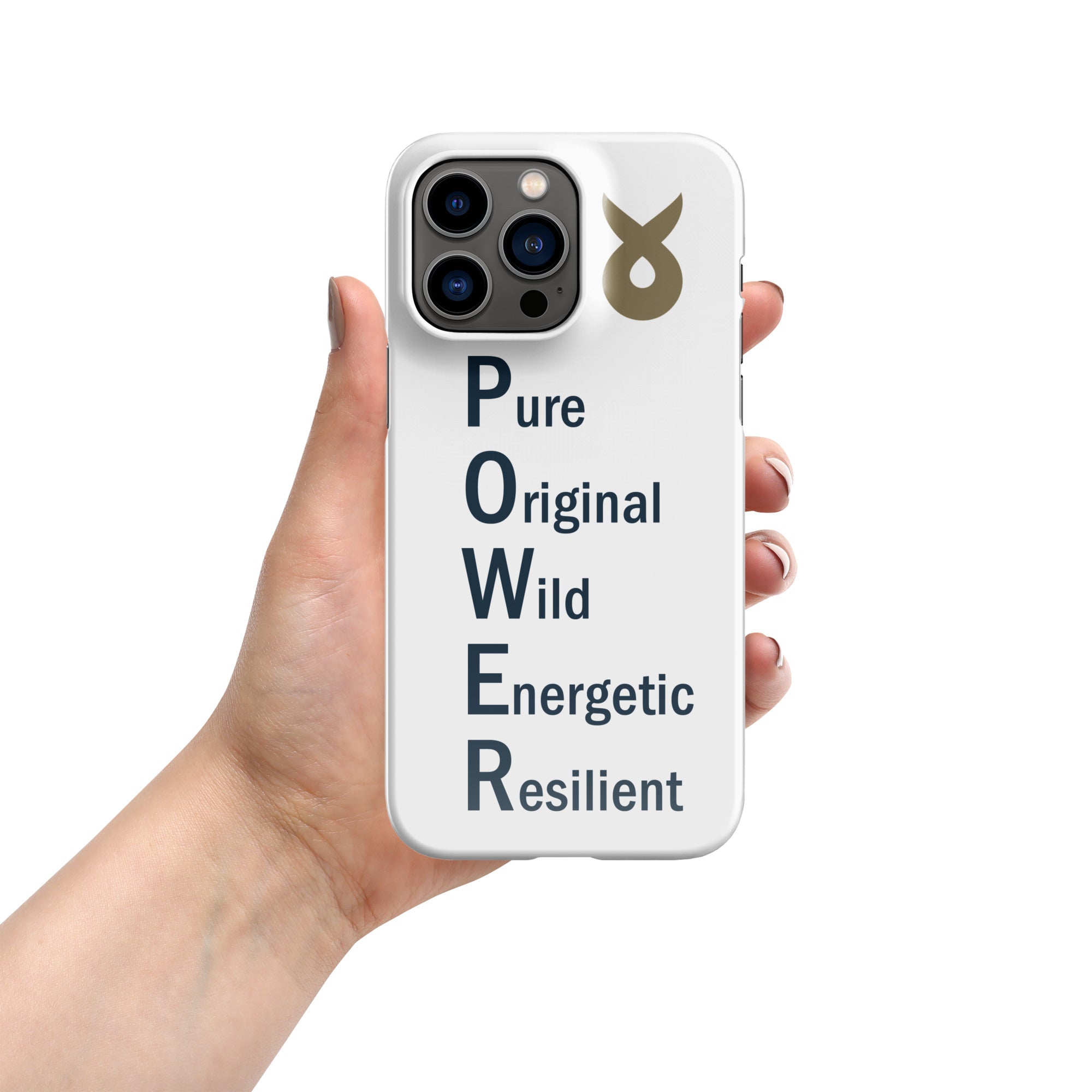 Hand holding a white phone case with the word &