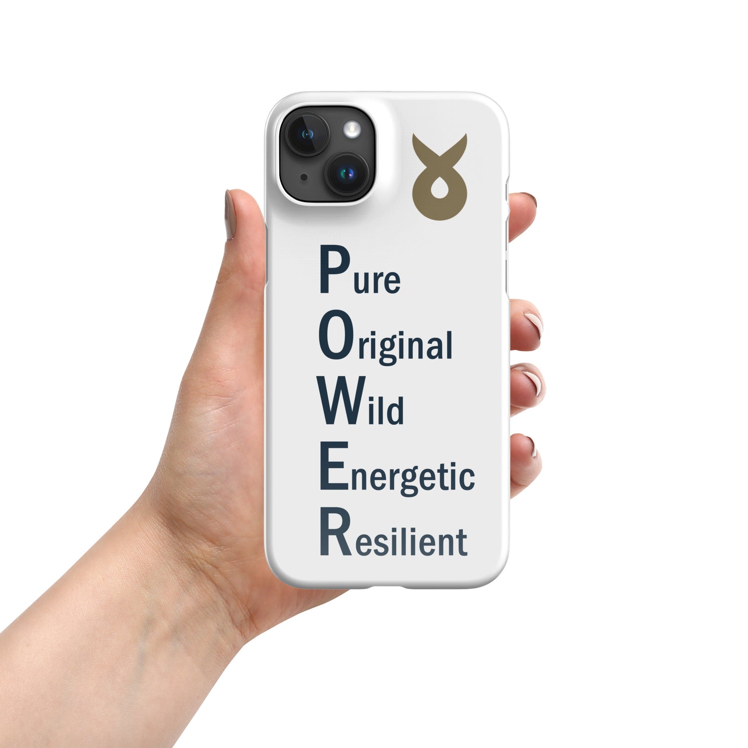 Hand holding a white phone case with the word &