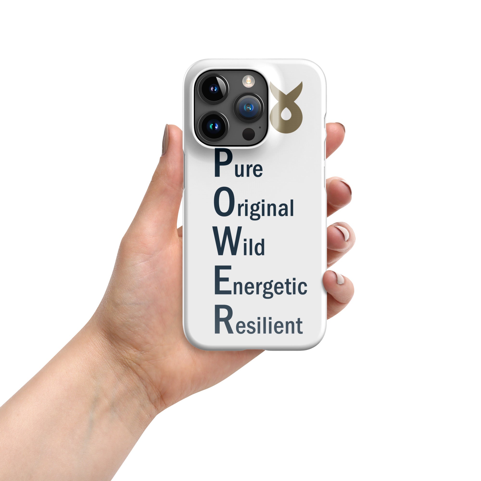 Hand holding a white phone case with the word &