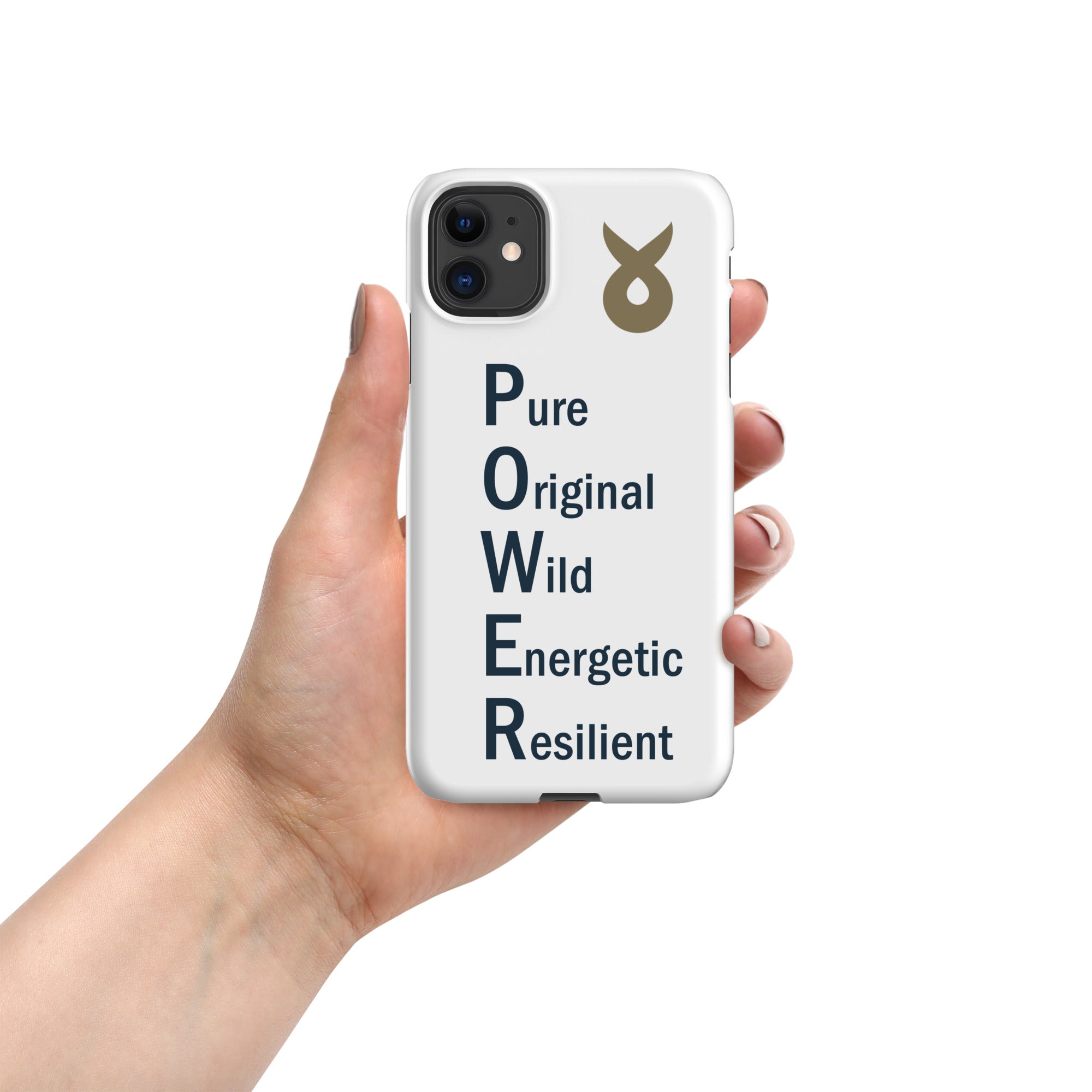 Hand holding a white phone case with the word &
