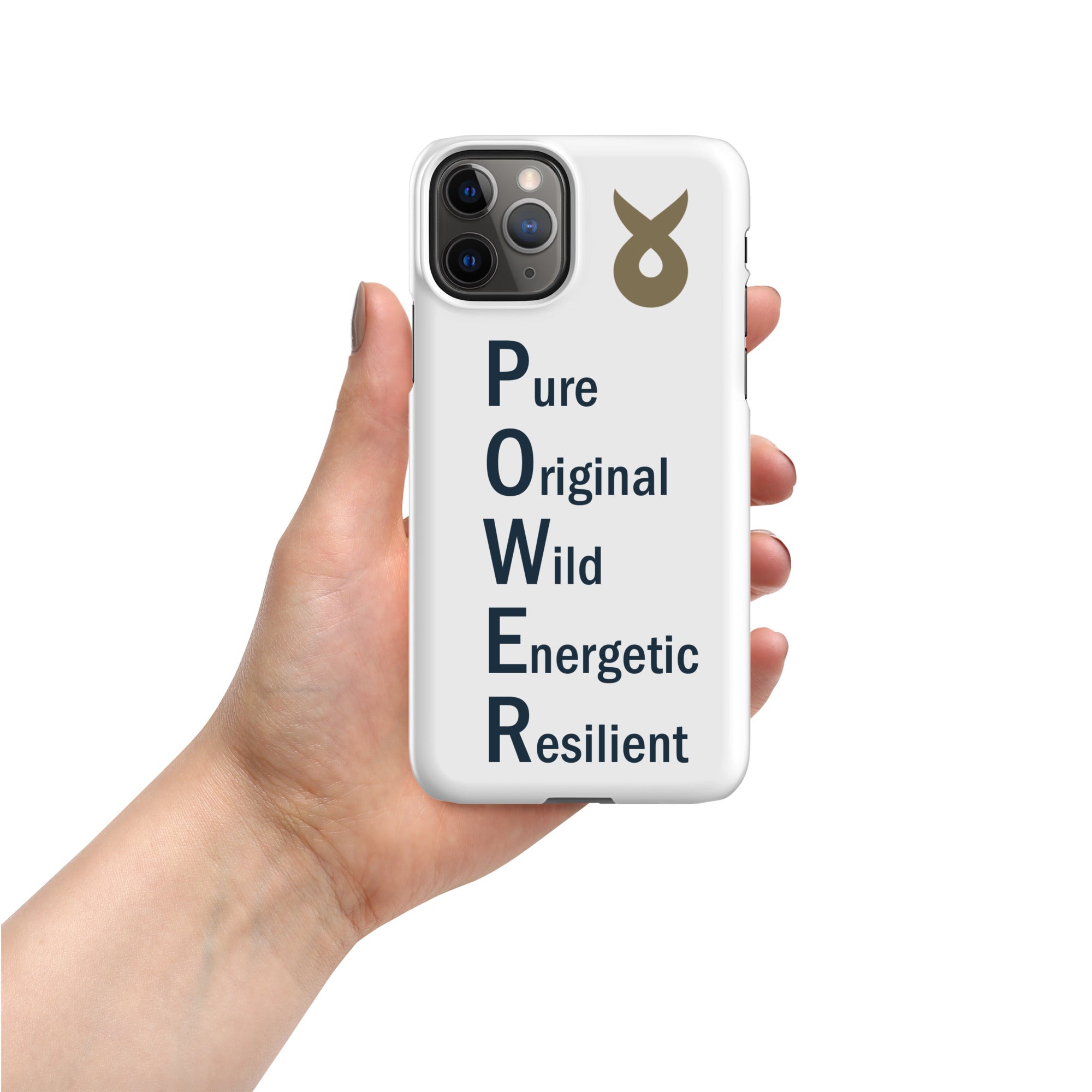 Hand holding a white phone case with the word &