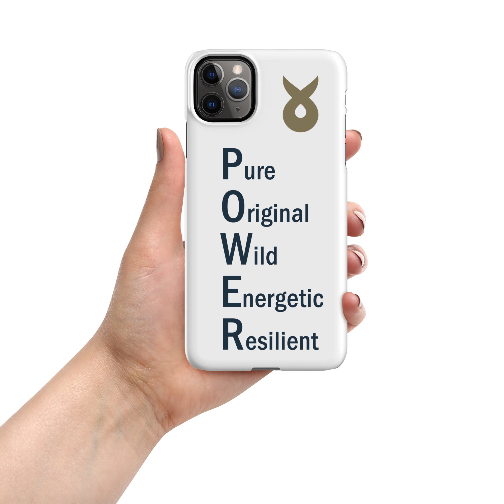 Hand holding a white phone case with the word &