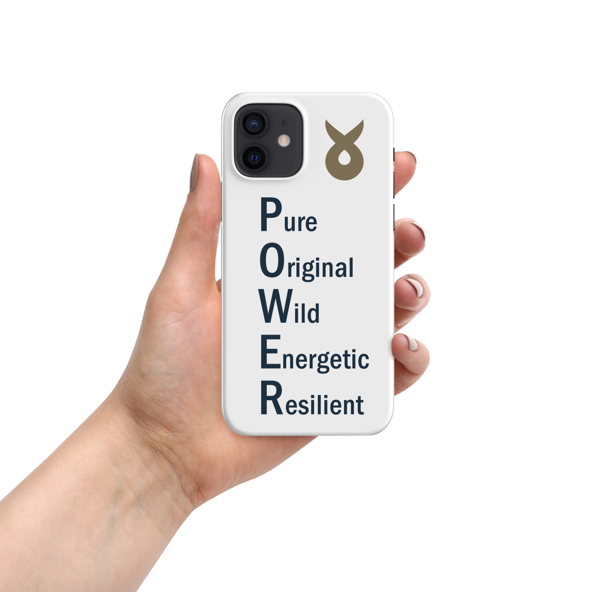 Hand holding a white phone case with the word &