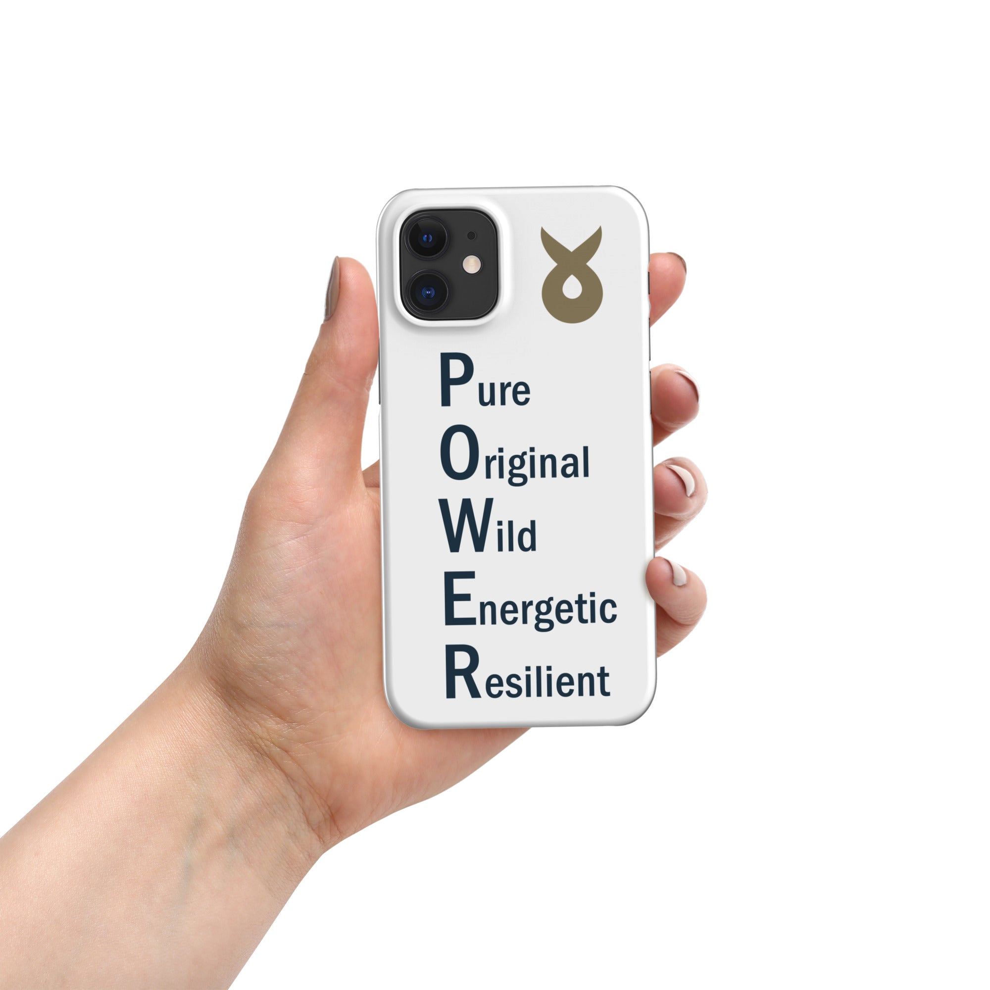 Hand holding a white phone case with the word &