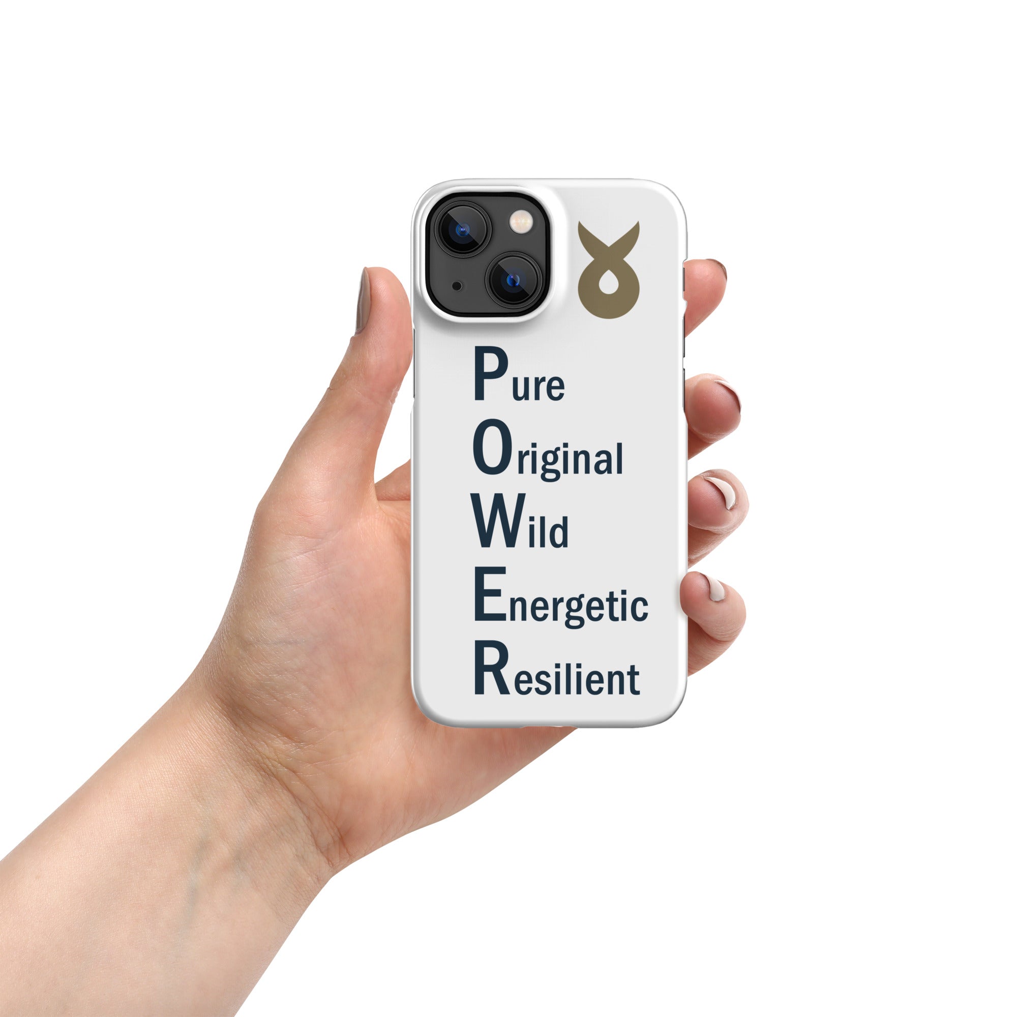 Hand holding a white phone case with the word &