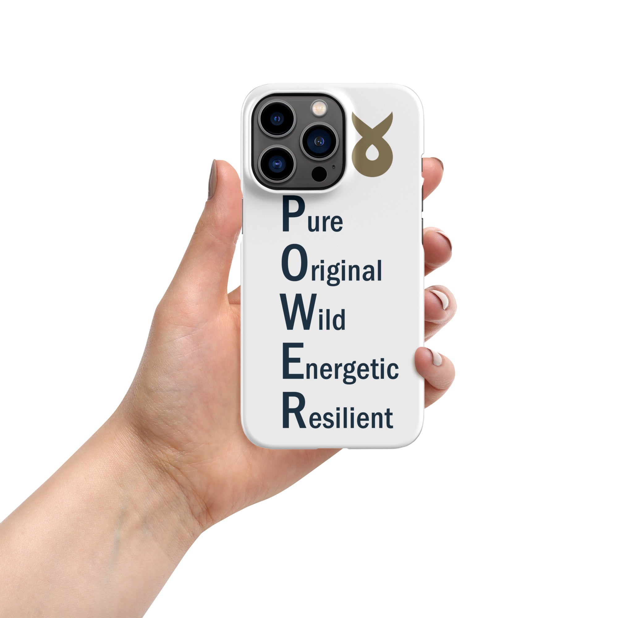 Hand holding a white phone case with the word &