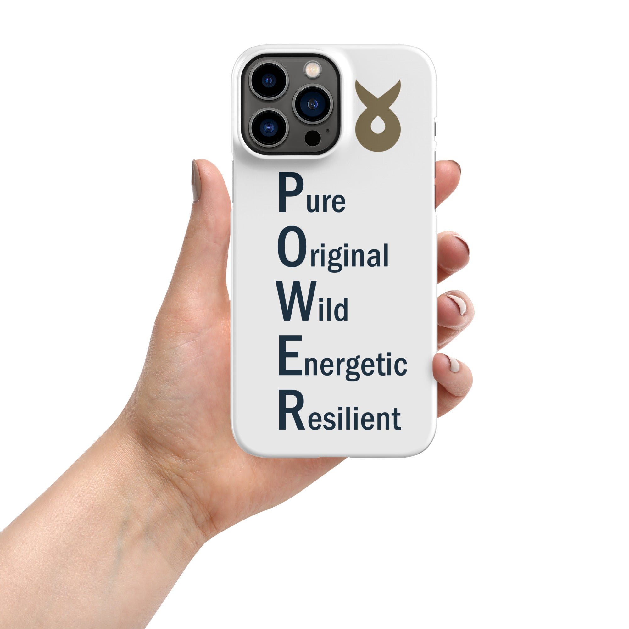 Hand holding a white phone case with the word &